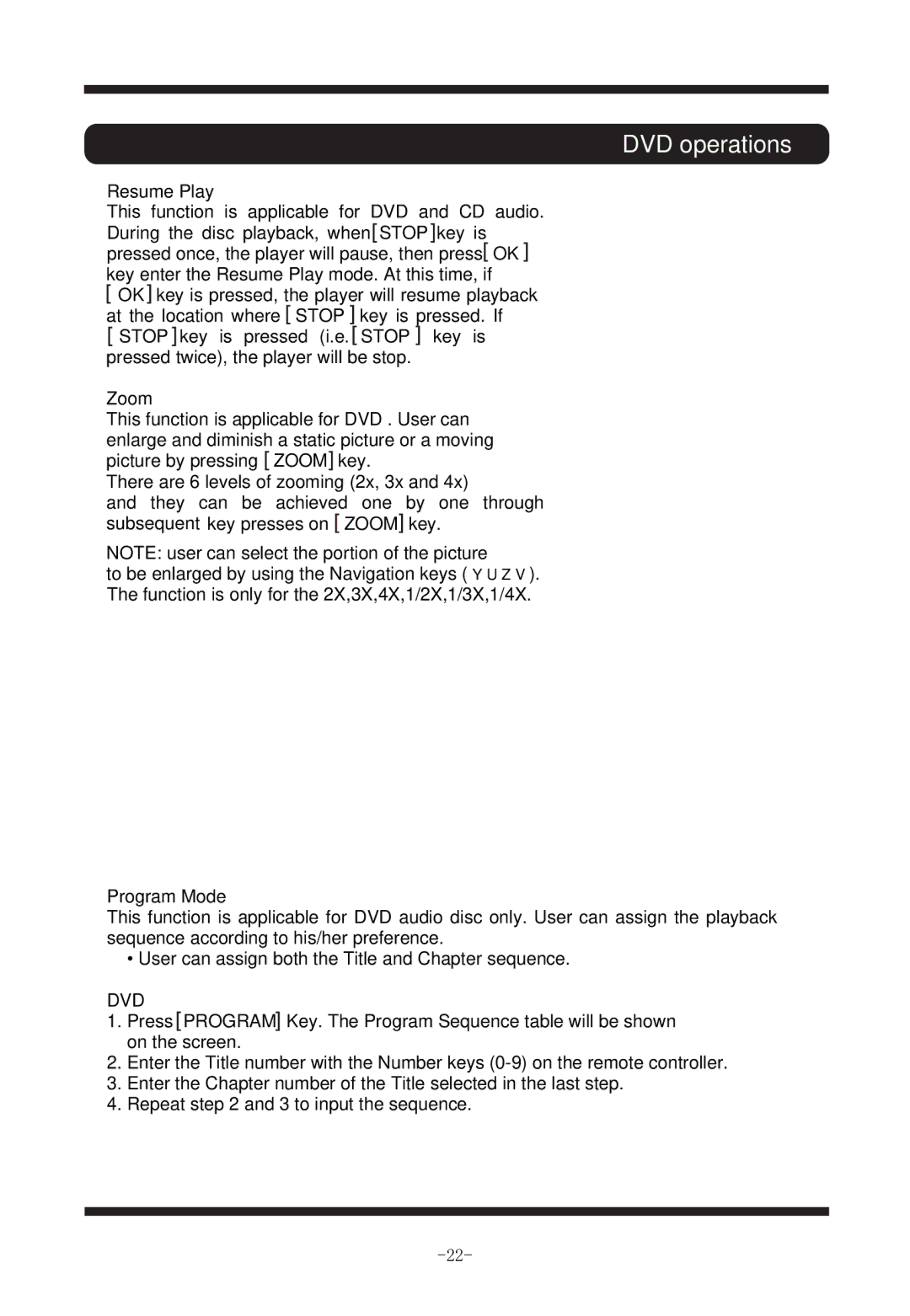 Curtis TVD2011 manual Resume Play, Zoom, Program Mode 