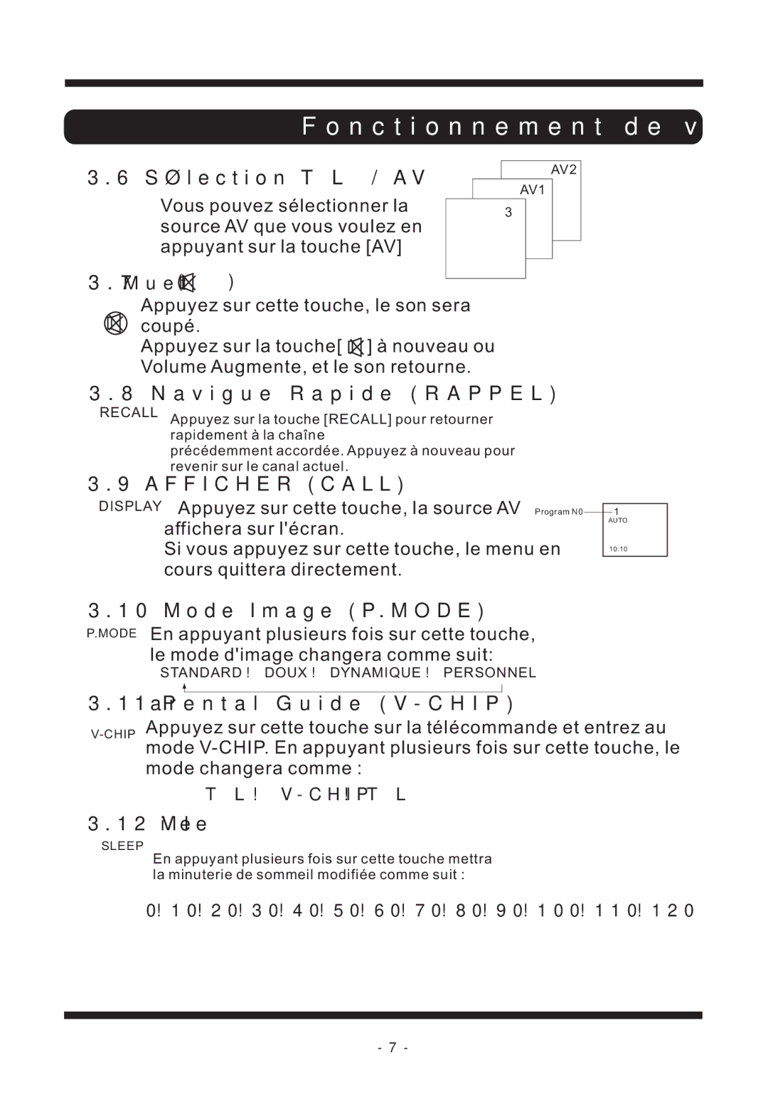 Curtis TVD2011 manual Sélection Télé / AV, Navigue Rapide Rappel, Mode Image P.MODE, Parental Guide V-CHIP, Veille 