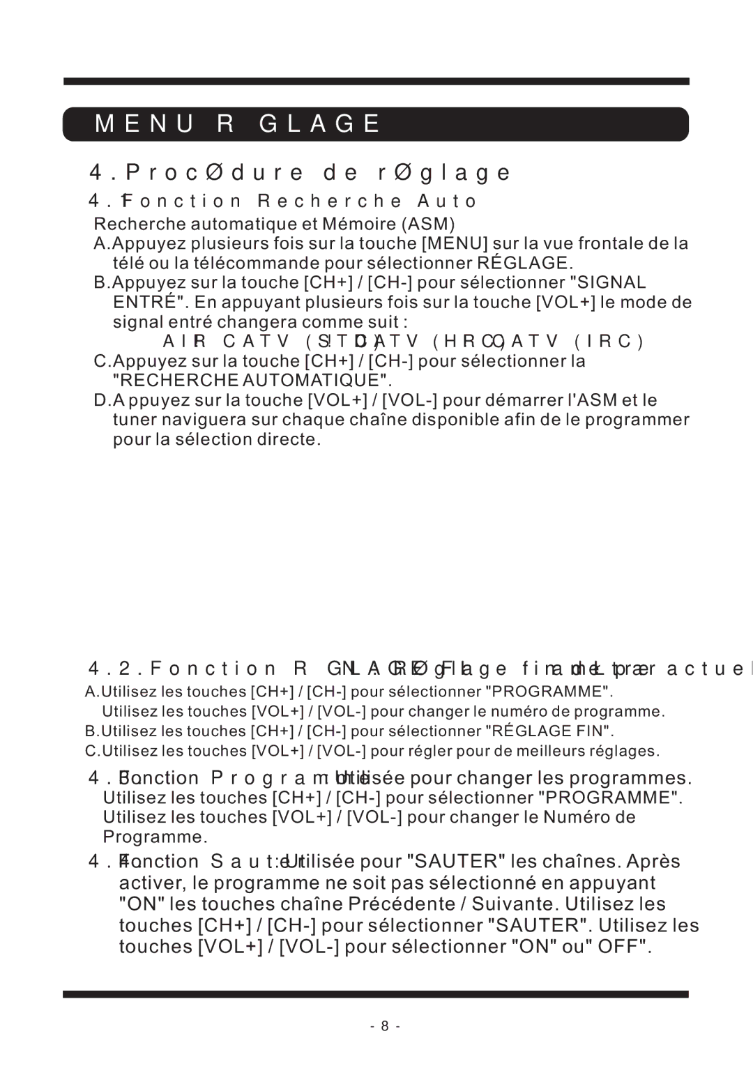 Curtis TVD2011 manual Fonction Réglage FIN Réglage fin de paramètre actuel, Fonction Recherche Auto 