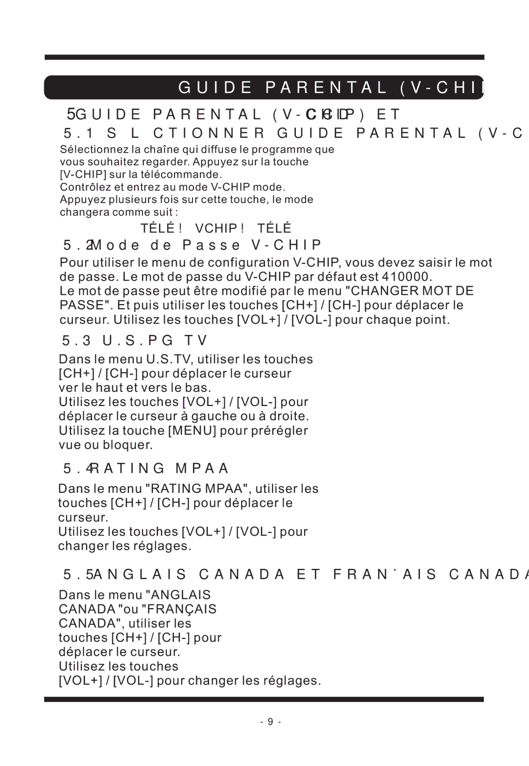 Curtis TVD2011 manual Mode de Passe V-CHIP, U.S.Pg Tv 