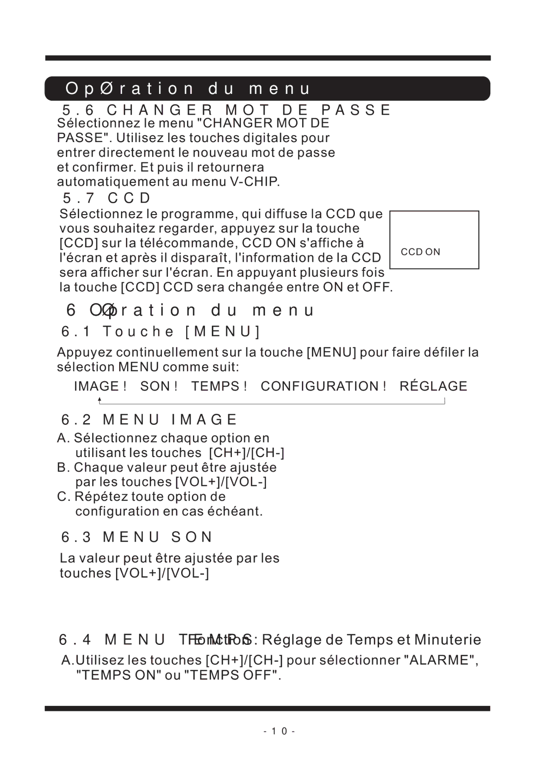 Curtis TVD2011 manual Opération du menu 