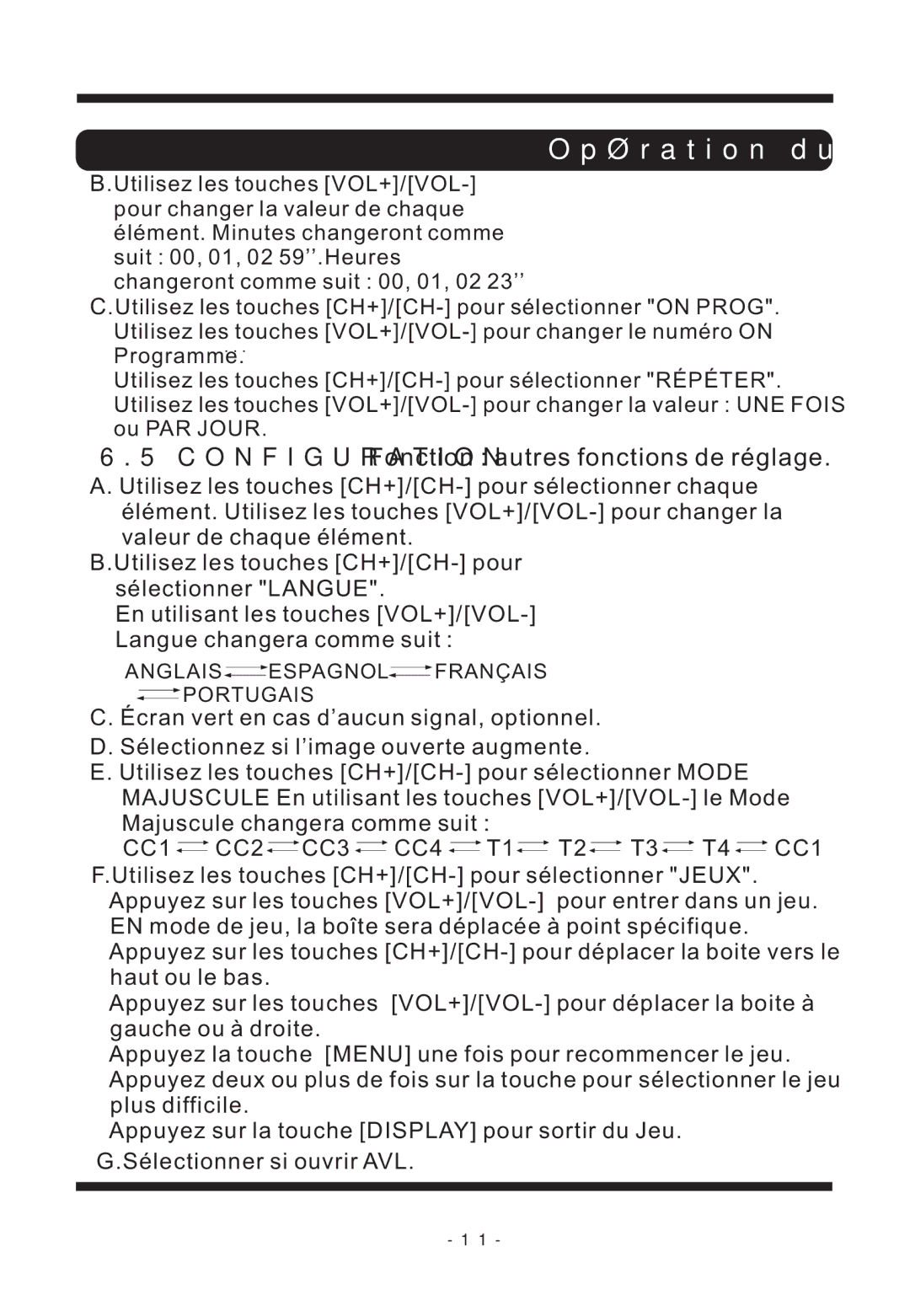 Curtis TVD2011 manual Configuration Fonction autres fonctions de réglage 