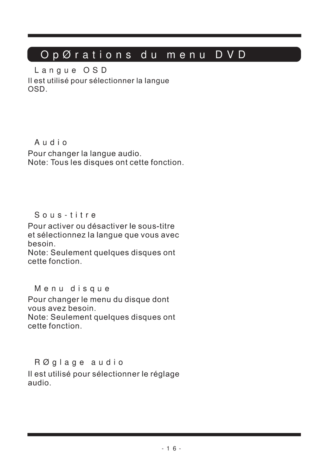 Curtis TVD2011 manual Langue OSD, Audio, Sous-titre, Menu disque, Réglage audio 