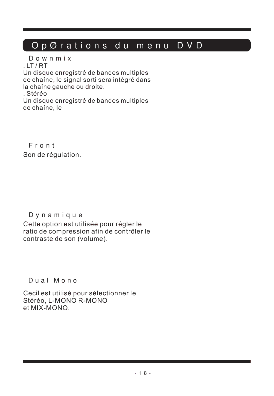 Curtis TVD2011 manual Downmix, Front, Dynamique, Dual Mono 