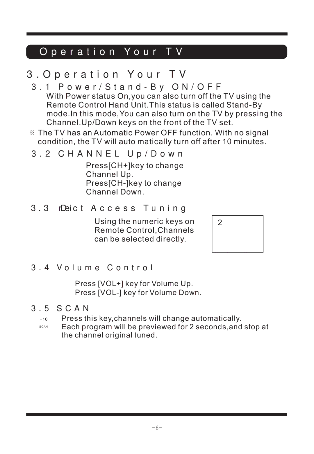 Curtis TVD2011 manual Operation Your TV, Volume Control, Scan 