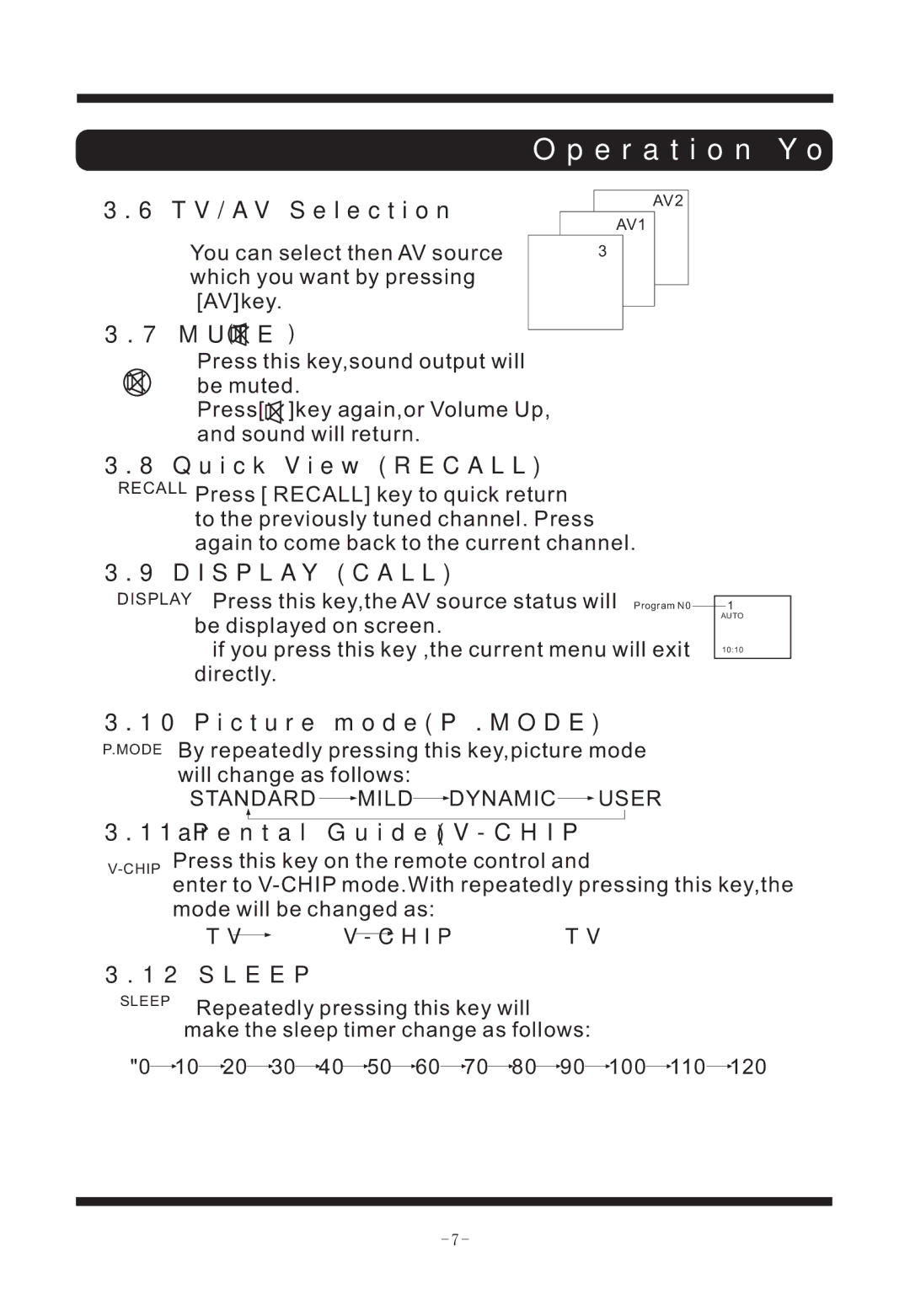 Curtis TVD2011 manual TV/AV Selection, Mute, Quick View Recall, Picture modeP .MODE, Parental GuideV-CHIP, Sleep 