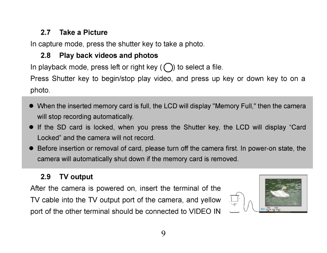 Curtis VR223 manual Take a Picture, Play back videos and photos, TV output 