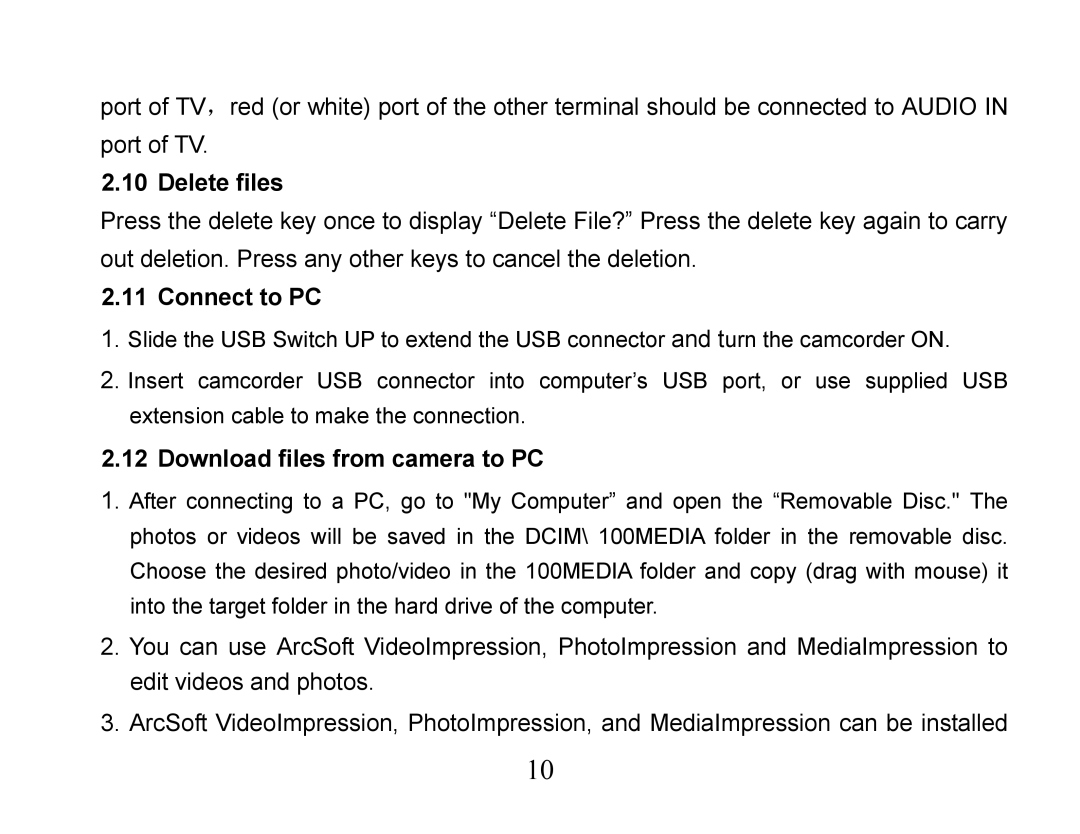 Curtis VR223 manual Delete files, Connect to PC, Download files from camera to PC 