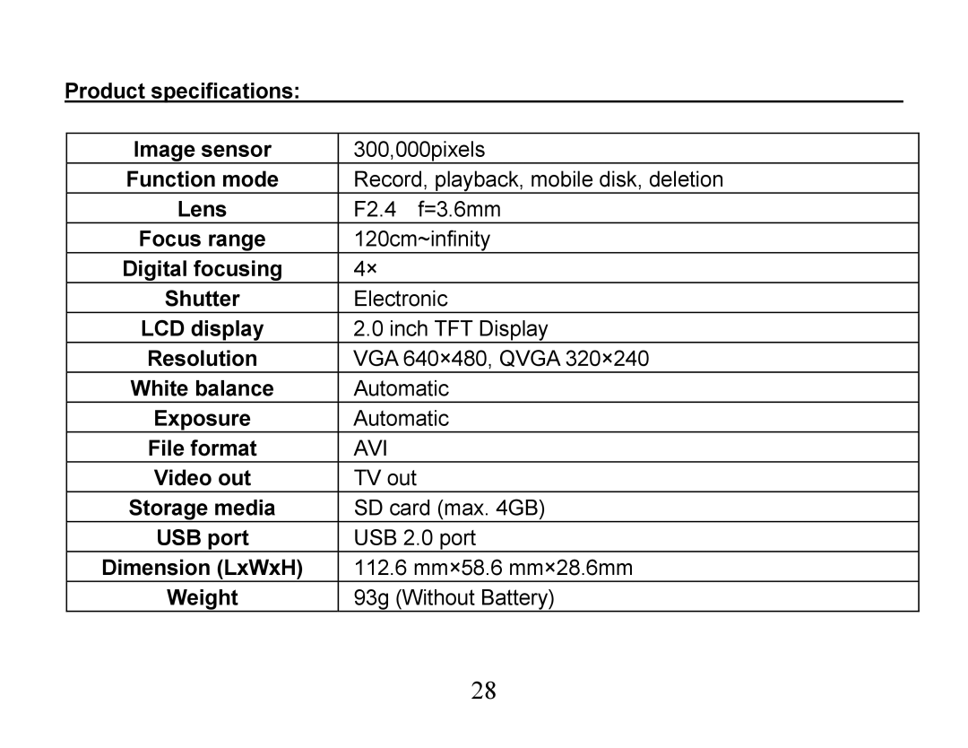 Curtis VR223 Product specifications Image sensor, Function mode, Focus range, LCD display, Exposure, File format, USB port 