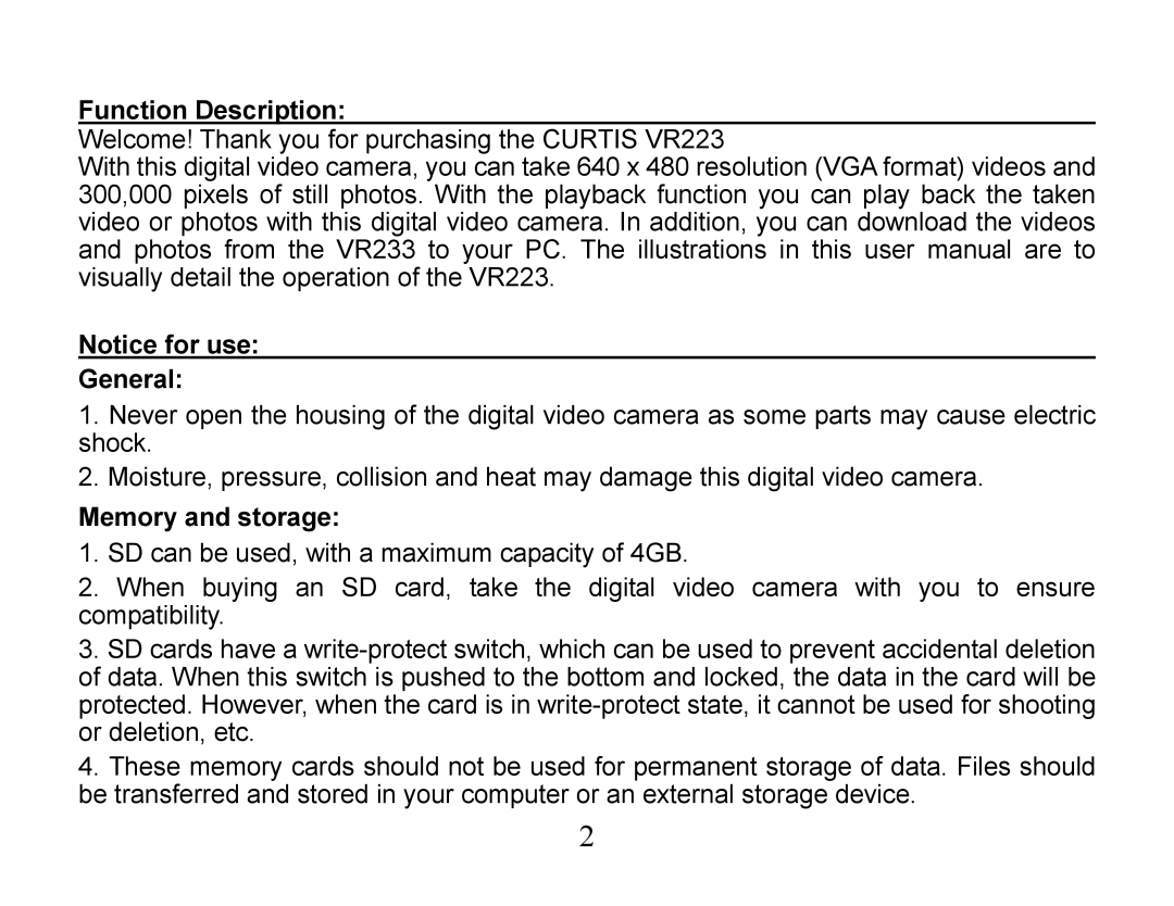 Curtis VR223 manual Function Description, General, Memory and storage 