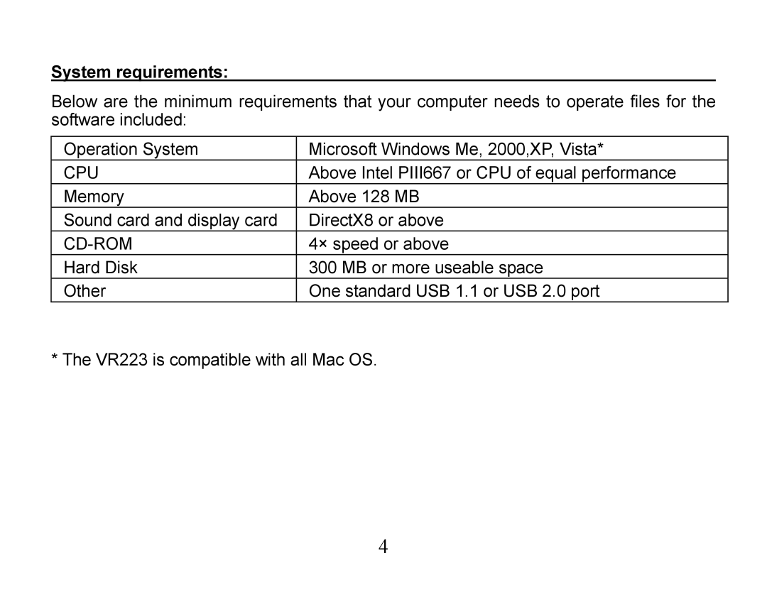 Curtis VR223 manual System requirements, Cpu 