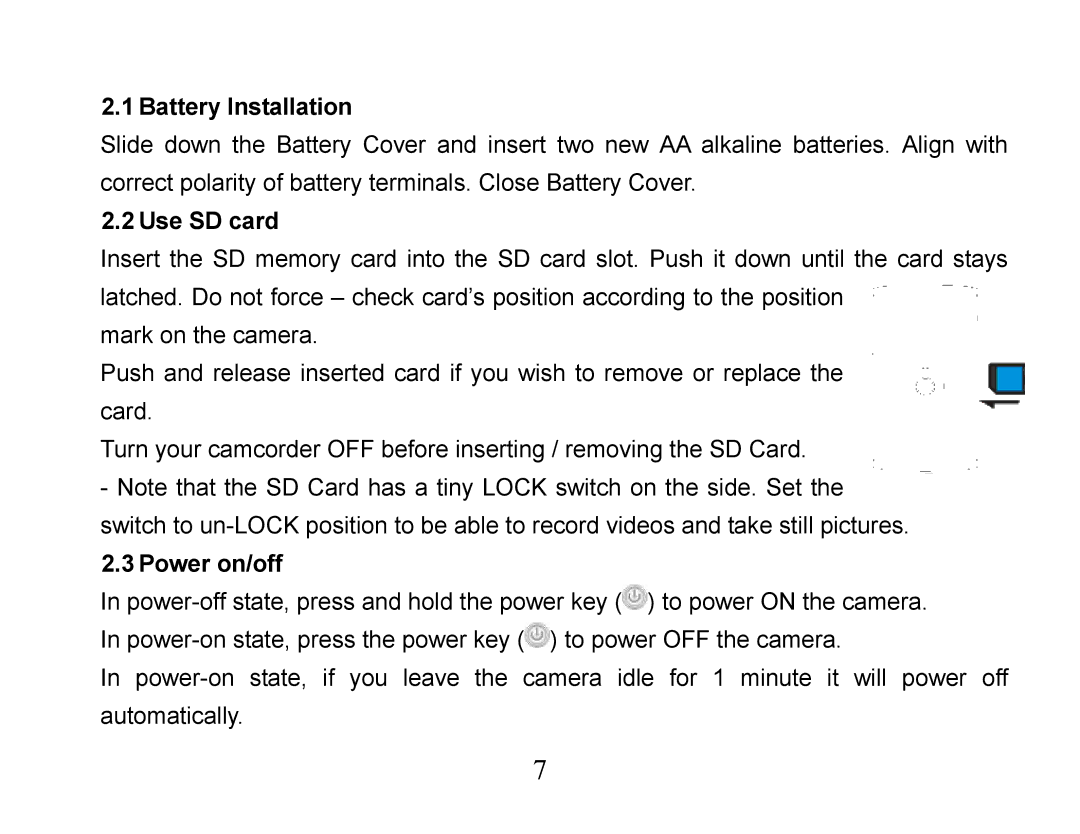 Curtis VR223 manual Battery Installation, Use SD card, Power on/off 