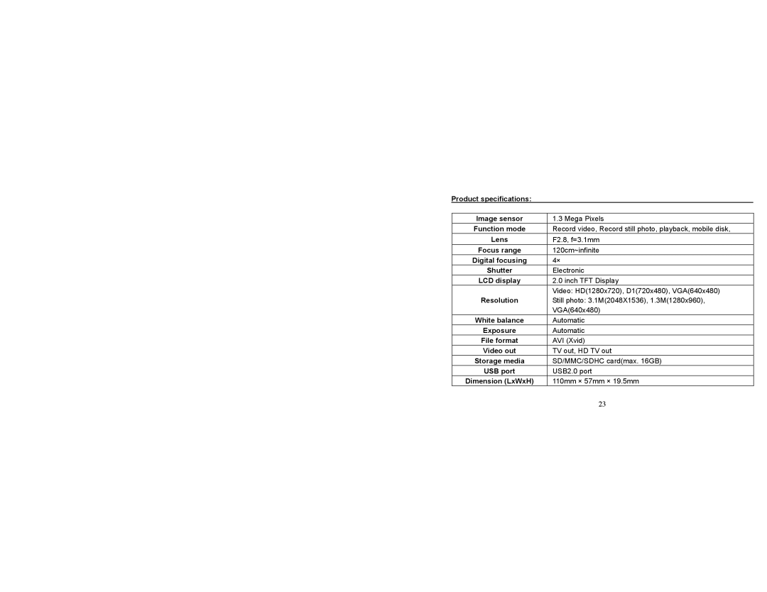 Curtis VR245 Product specifications Image sensor, Function mode, Shutter, LCD display, Resolution, Video out, USB port 