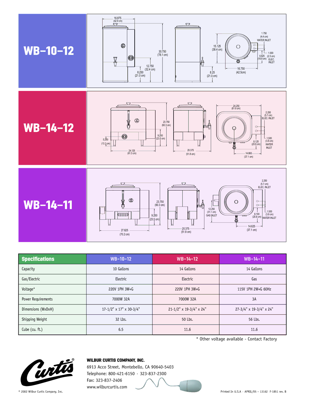 Curtis manual Specifications, WB-10-12 WB-14-12 WB-14-11 