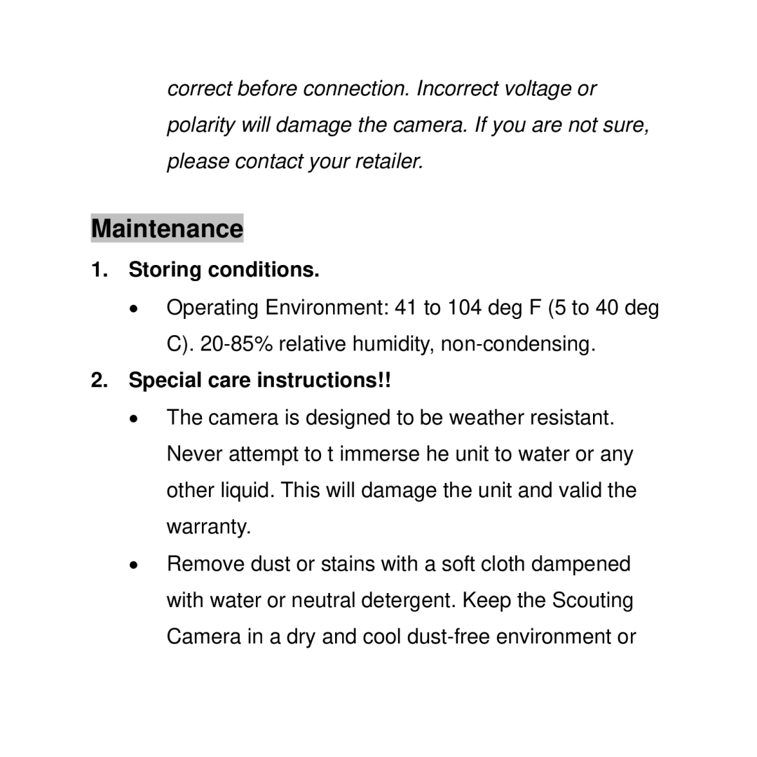 Curtis WF-037a user manual Maintenance, Storing conditions, Special care instructions 