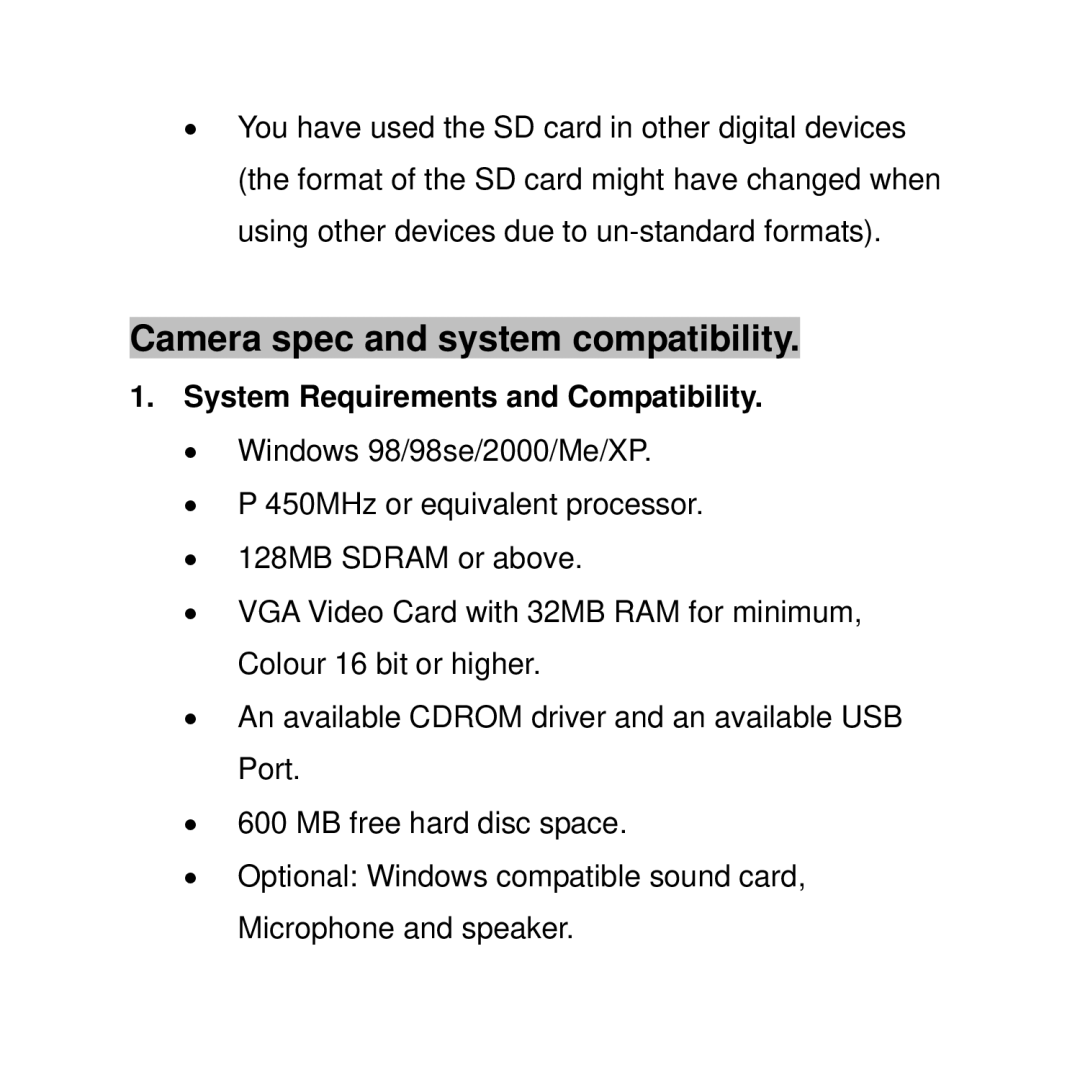 Curtis WF-037a user manual Camera spec and system compatibility, System Requirements and Compatibility 