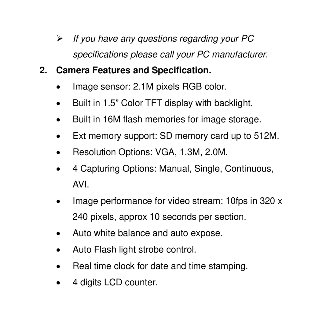 Curtis WF-037a user manual Camera Features and Specification 