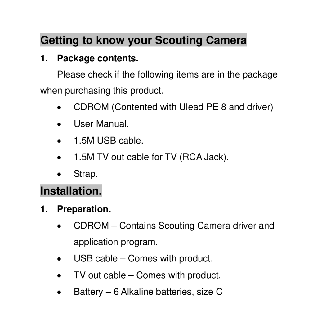 Curtis WF-037a user manual Getting to know your Scouting Camera, Installation, Package contents, Preparation 