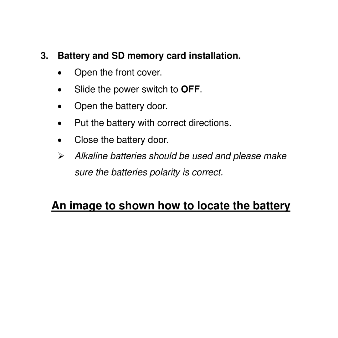 Curtis WF-037a user manual An image to shown how to locate the battery, Battery and SD memory card installation 