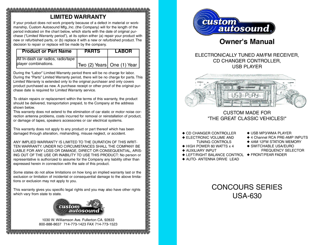 Custom Autosound Manufacturing USA-630 manual Product or Part Name, Labor, CD Changer Controller USB MP3/WMA Player 