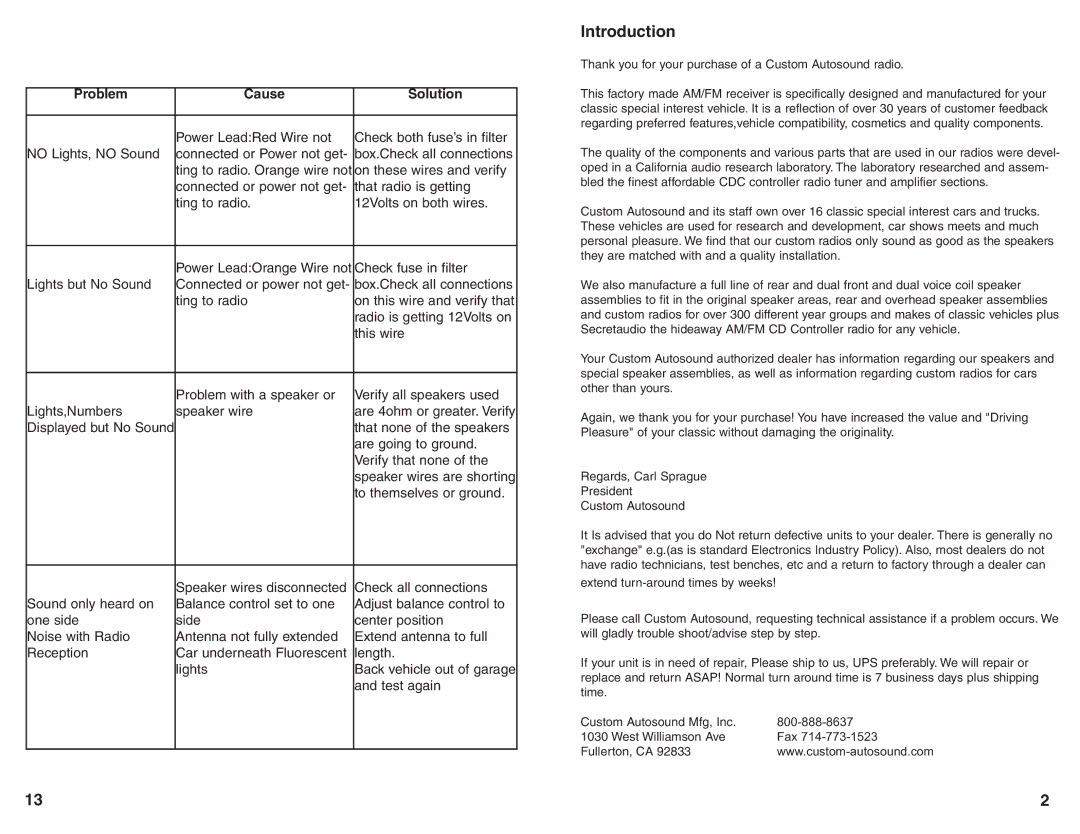 Custom Autosound Manufacturing USA-630 manual Introduction, Problem Cause Solution 