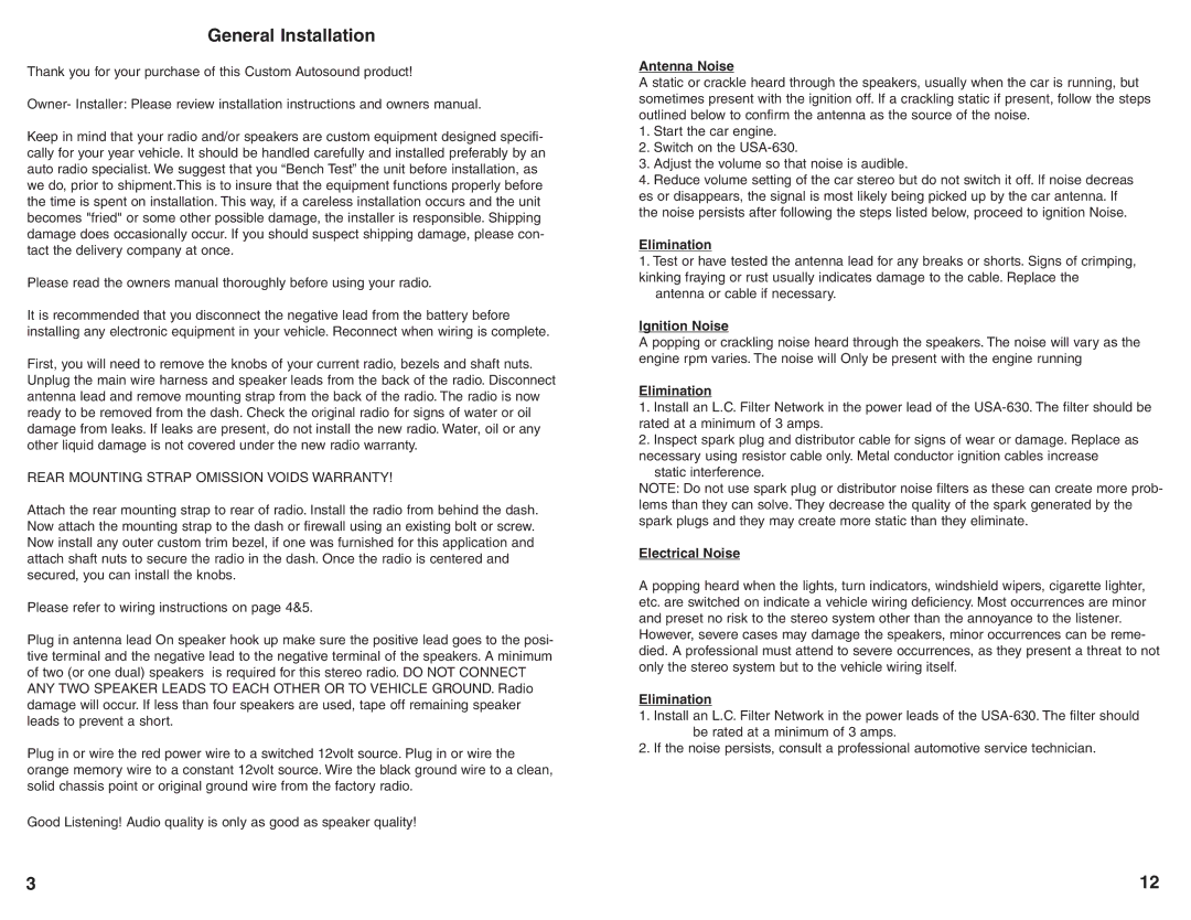 Custom Autosound Manufacturing USA-630 General Installation, Antenna Noise, Elimination, Ignition Noise, Electrical Noise 