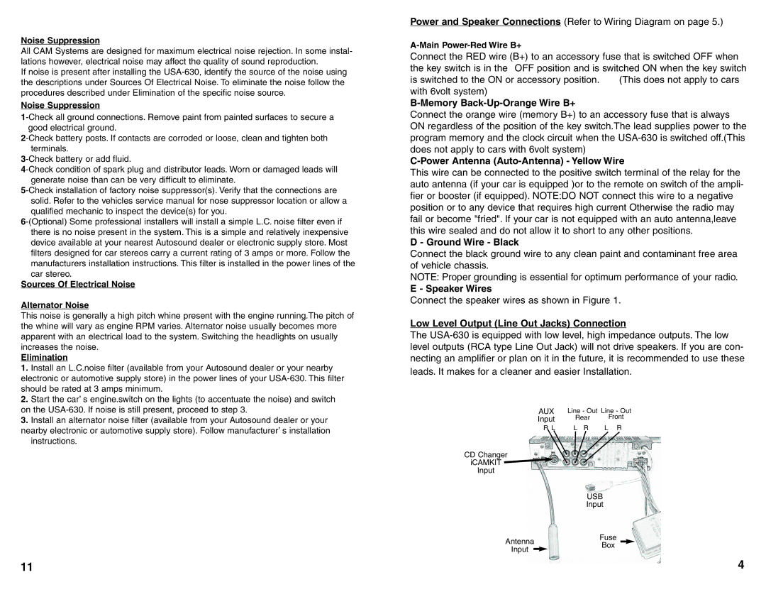 Custom Autosound Manufacturing USA-630 manual Memory Back-Up-Orange Wire B+, Power Antenna Auto-Antenna Yellow Wire 