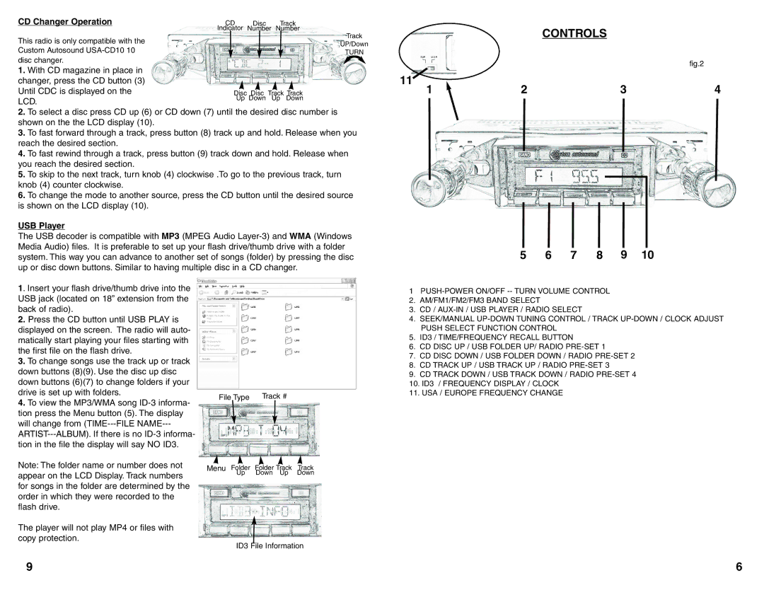 Custom Autosound Manufacturing USA-630 manual Controls, 7 8 9, CD Changer Operation, Lcd, USB Player 