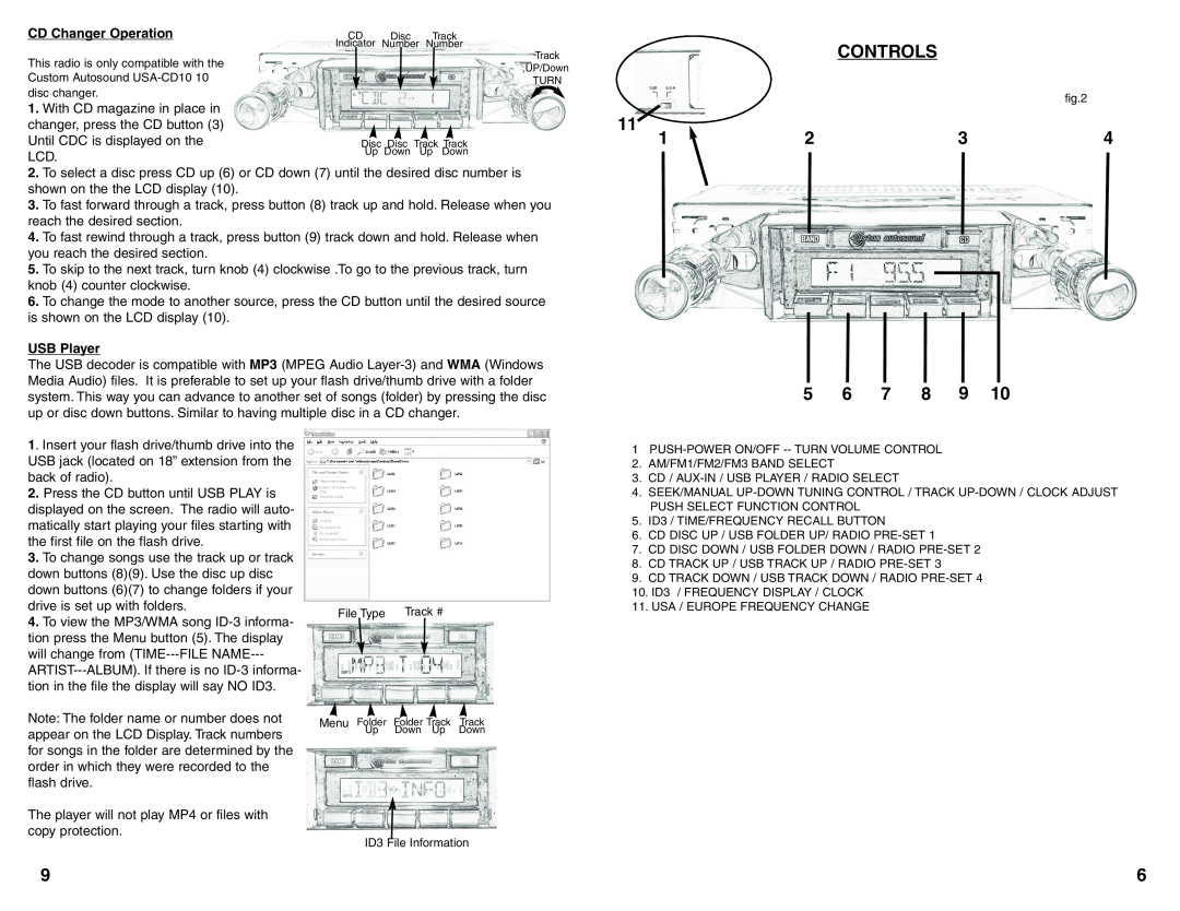 Custom Autosound Manufacturing USA-630 manual Controls, 5 6 7 8 9, CD Changer Operation, USB Player 