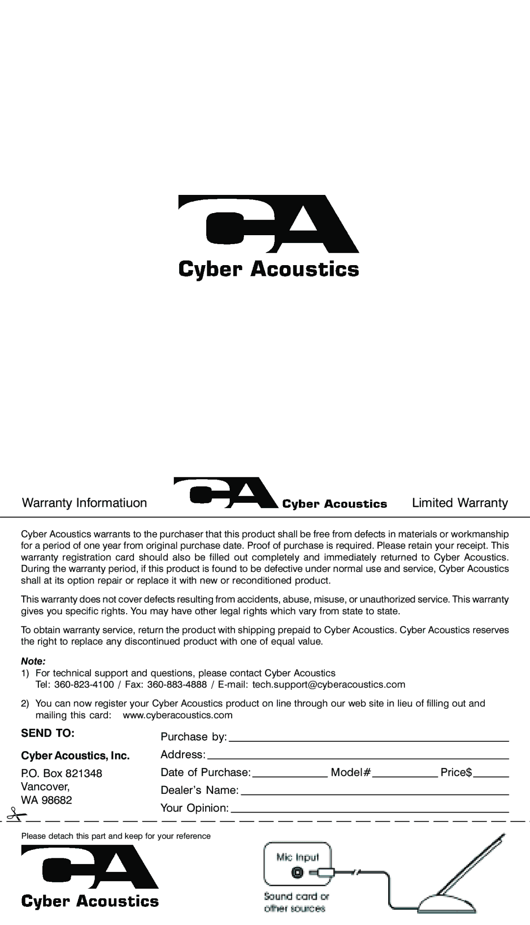 Cyber Acoustics ACM51B warranty Warranty Informatiuon Limited Warranty, Send to 