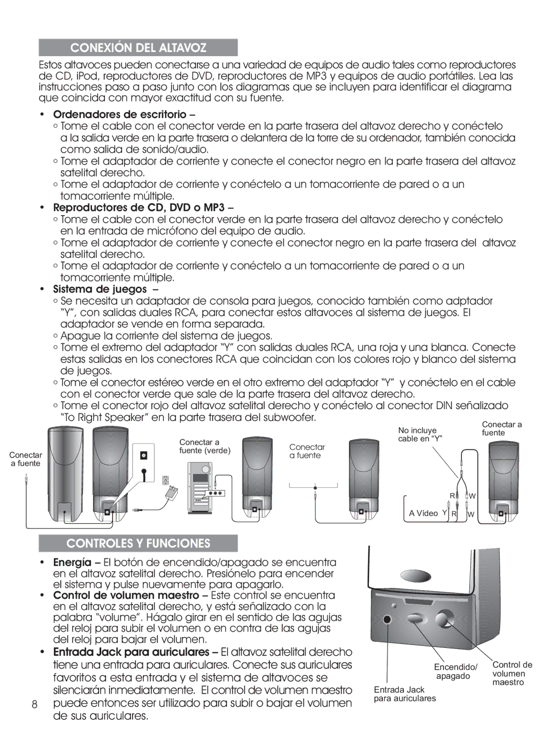 Cyber Acoustics CA-2014 manual Conexión DEL Altavoz, Controles Y Funciones, Ordenadores de escritorio, Sistema de juegos 