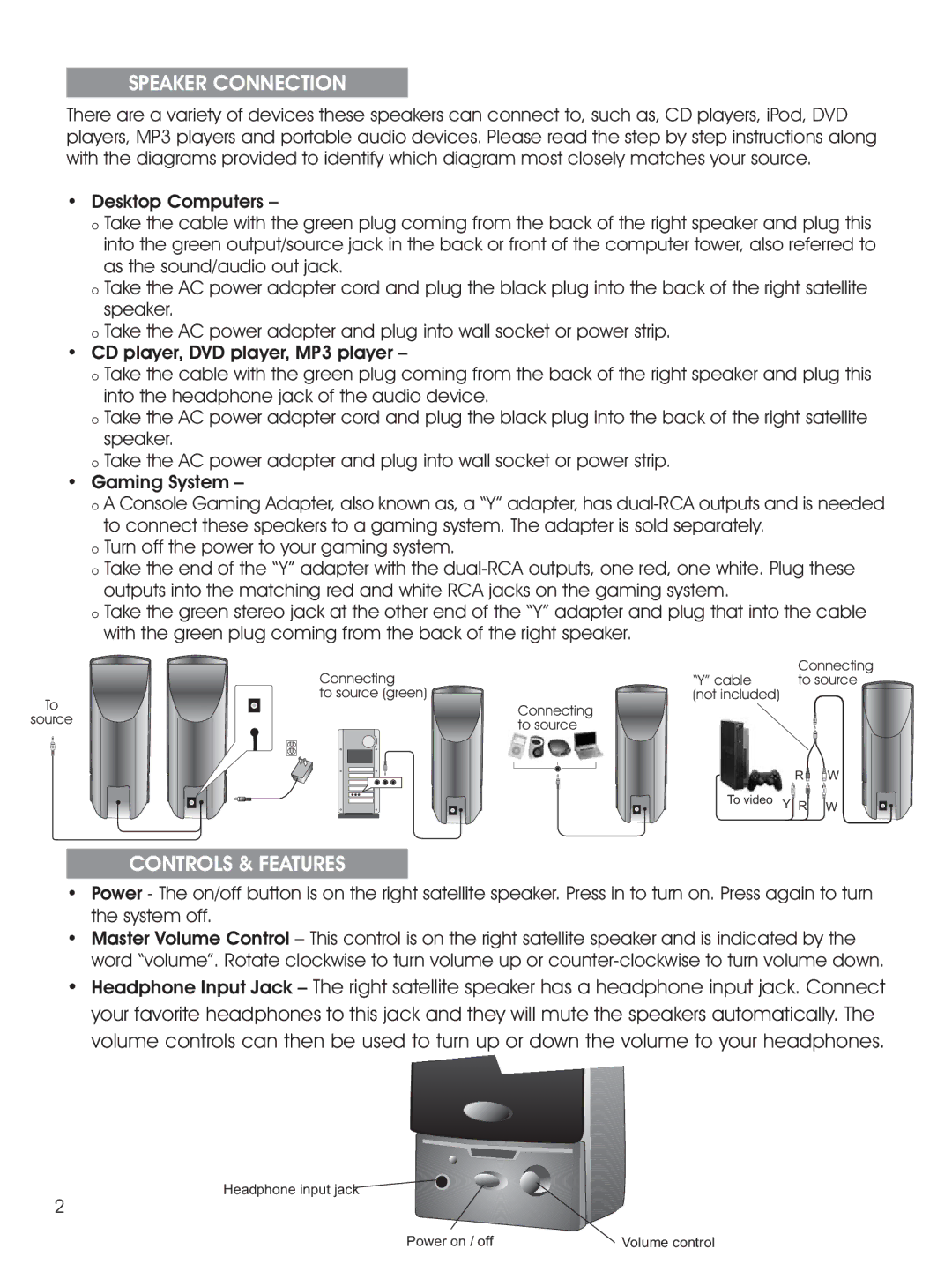 Cyber Acoustics CA-2014 Speaker Connection, Controls & Features, Desktop Computers, CD player, DVD player, MP3 player 