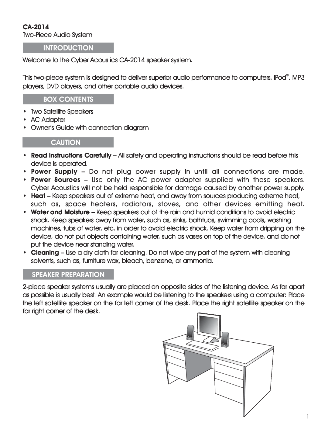 Cyber Acoustics CA-2014 manual Introduction, Box Contents, Speaker Preparation 