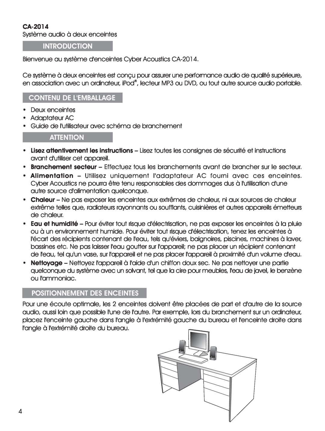 Cyber Acoustics CA-2014 manual Contenu De Lemballage, Positionnement Des Enceintes, Introduction 