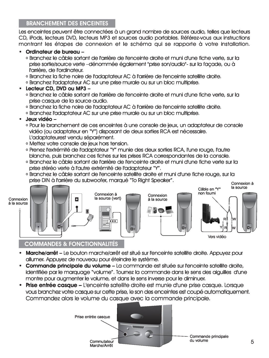 Cyber Acoustics CA-2014 manual Branchement Des Enceintes, Commandes & Fonctionnalités, Ordinateur de bureau, Jeux vidéo 