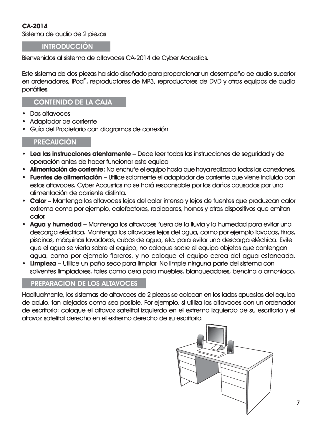 Cyber Acoustics CA-2014 manual Introducción, Contenido De La Caja, Precaución, Preparacion De Los Altavoces 