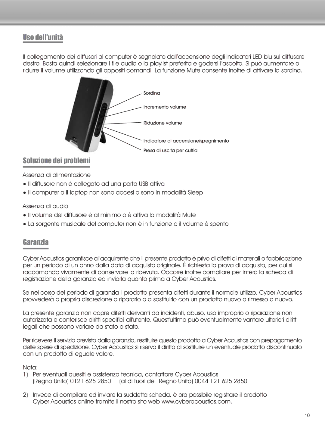 Cyber Acoustics CA-2908 manual Uso dell’unità, Soluzione dei problemi, Garanzia 