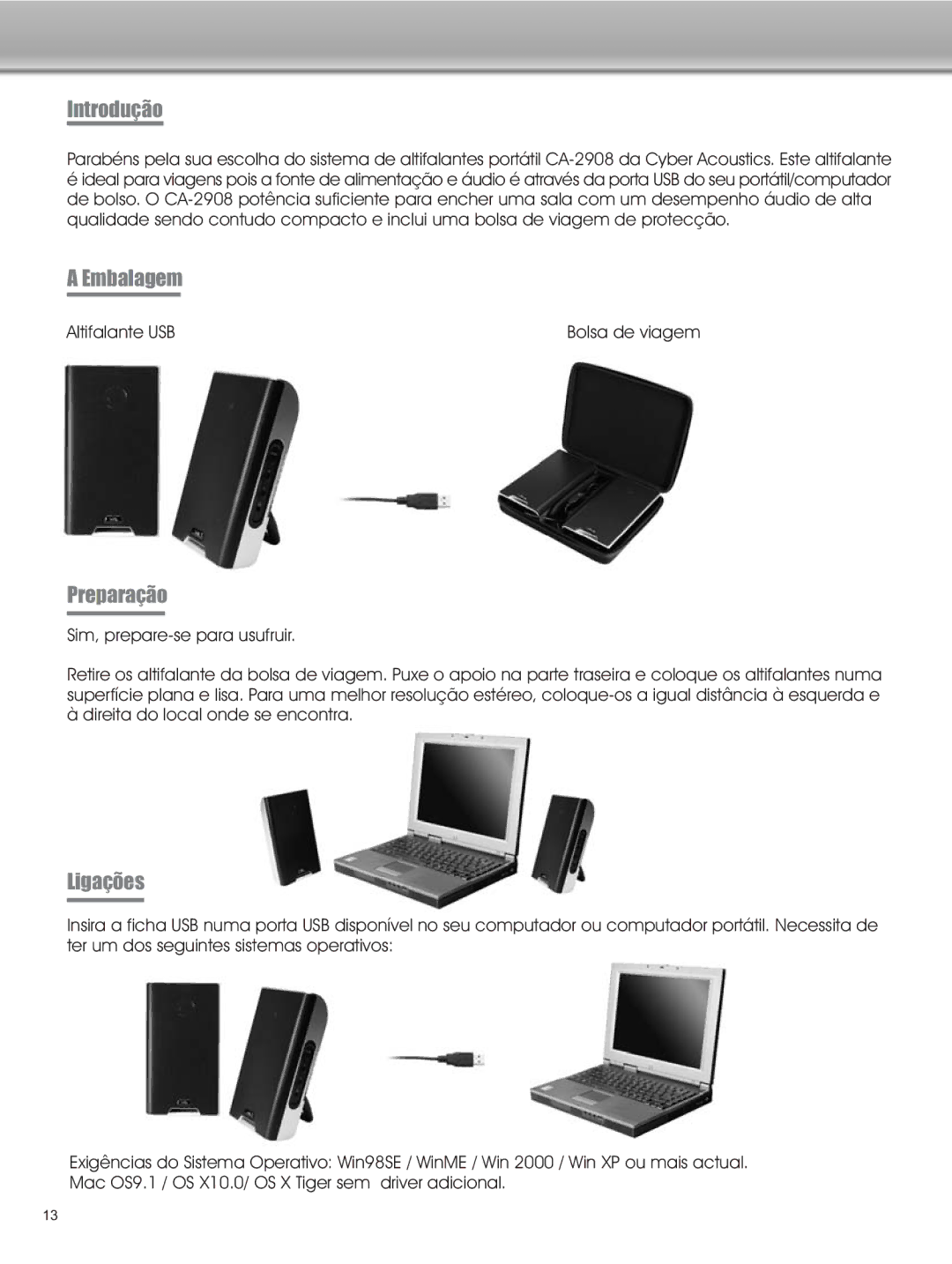 Cyber Acoustics CA-2908 manual Introdução, Embalagem, Preparação, Ligações 