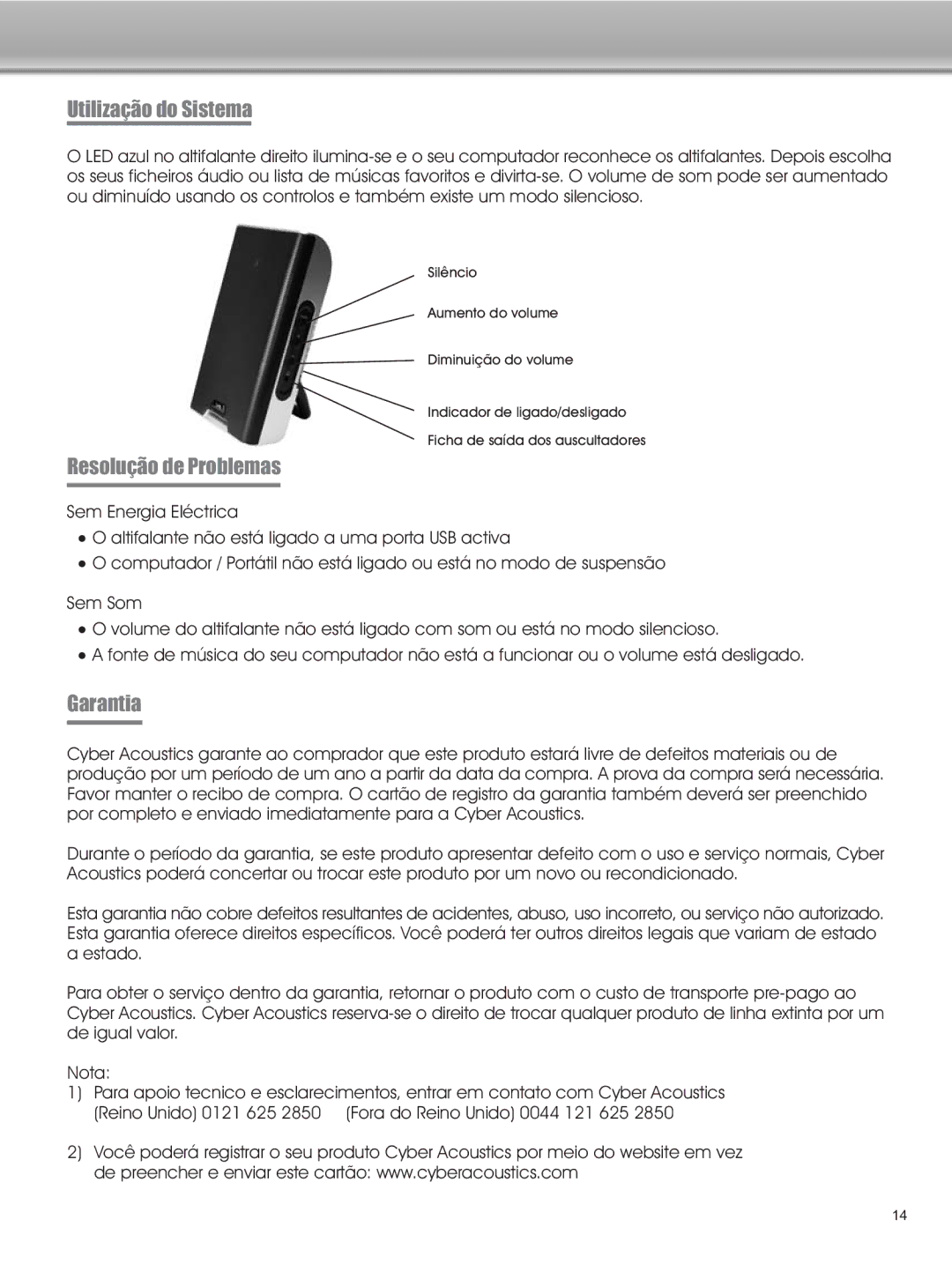 Cyber Acoustics CA-2908 manual Utilização do Sistema, Resolução de Problemas, Garantia 