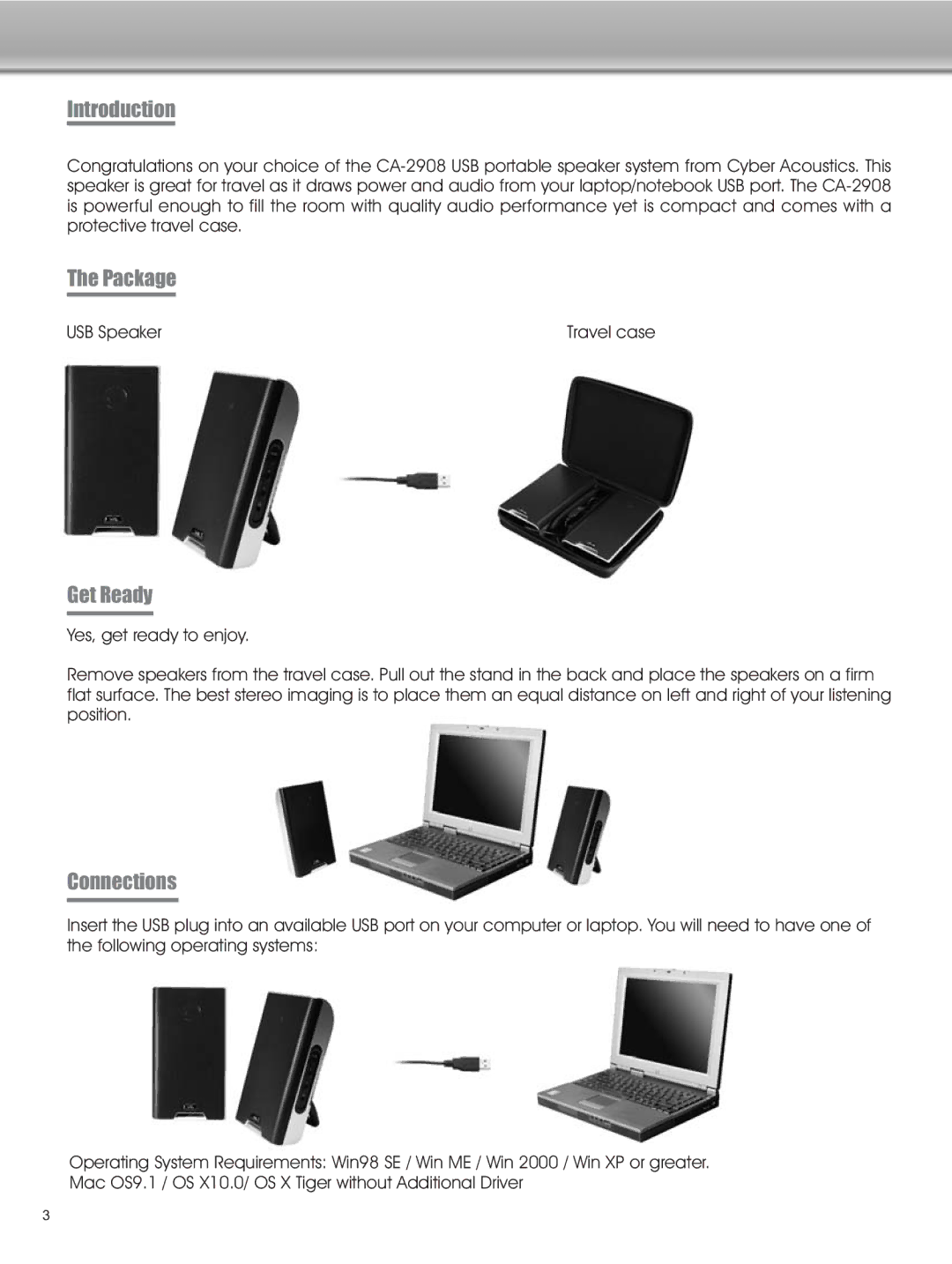 Cyber Acoustics CA-2908 manual Introduction, Package, Get Ready, Connections 