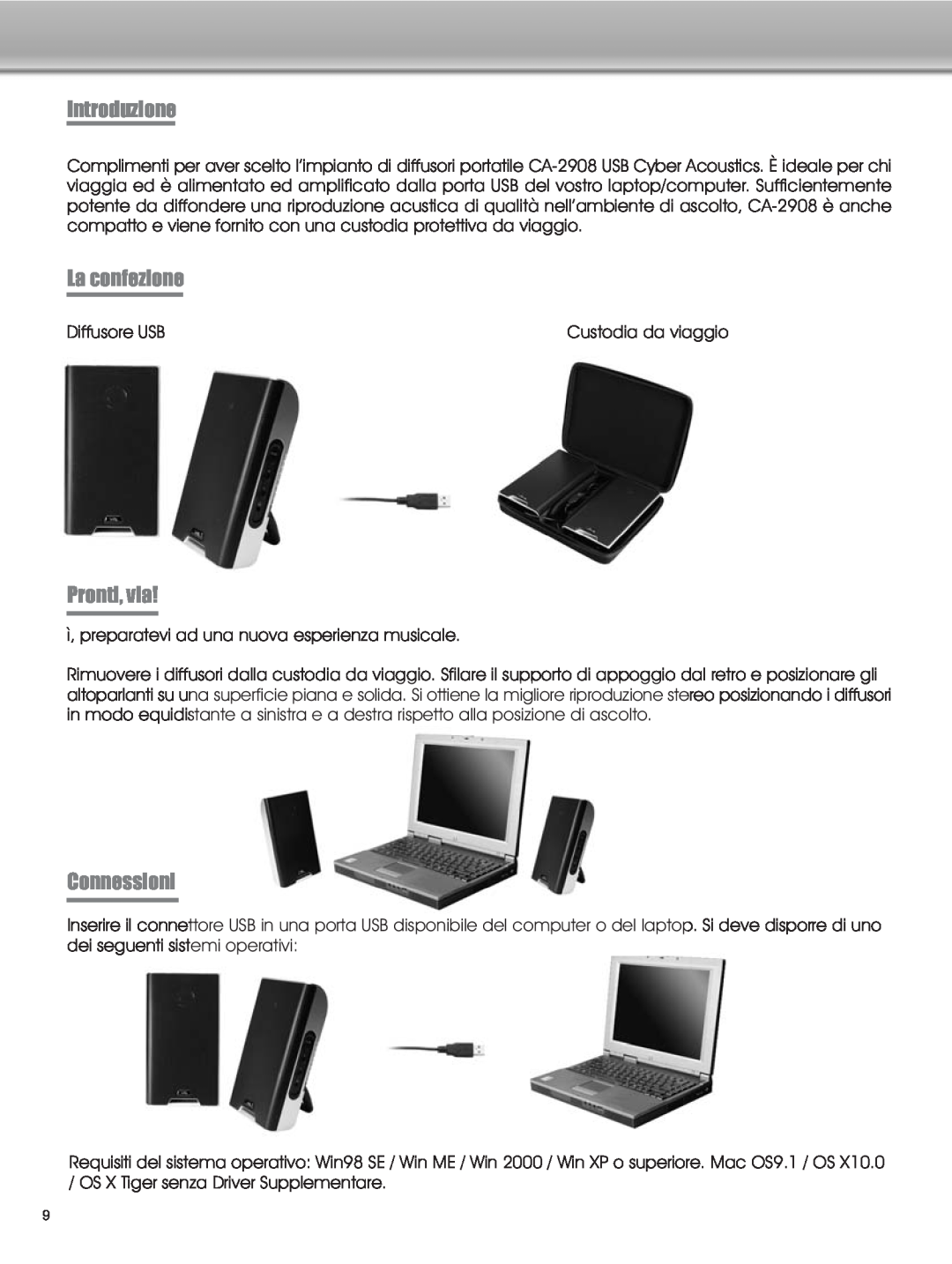 Cyber Acoustics CA-2908 manual Introduzione, La confezione, Pronti, via, Connessioni 