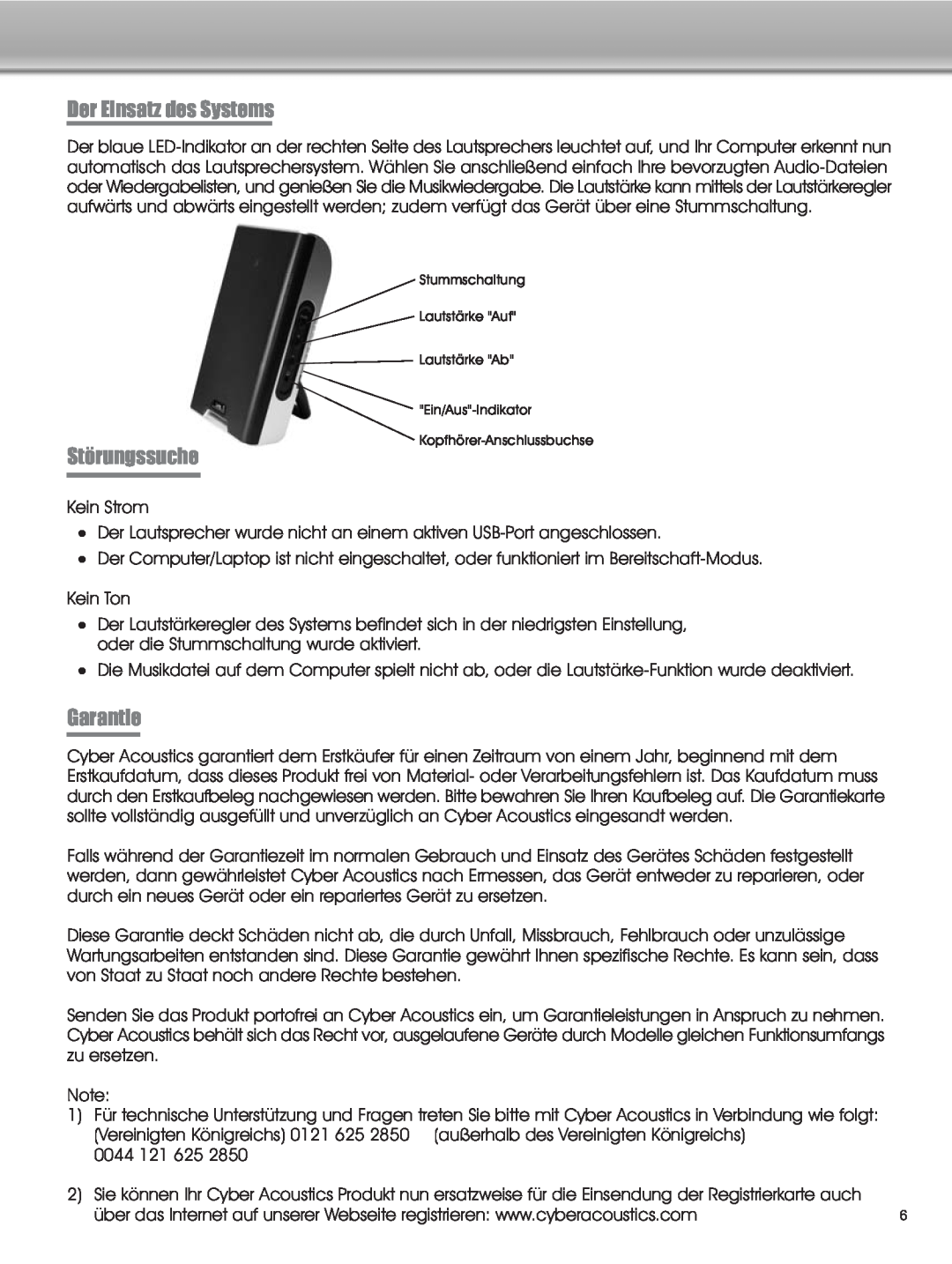 Cyber Acoustics CA-2908 manual Der Einsatz des Systems, Störungssuche, Garantie 