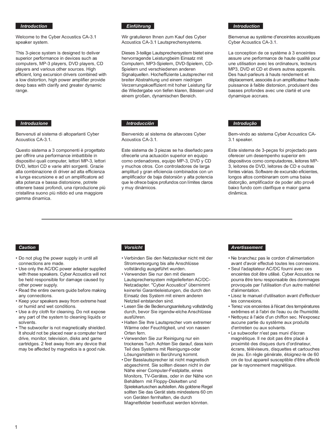 Cyber Acoustics CA-3.1 manual Introduction Einführung 