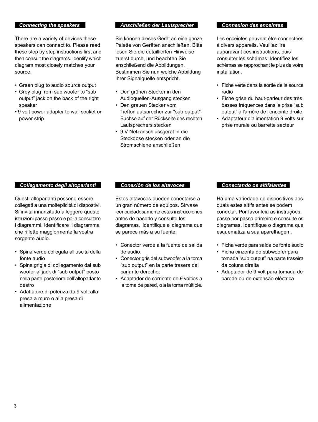 Cyber Acoustics CA-3.1 manual Connecting the speakers 