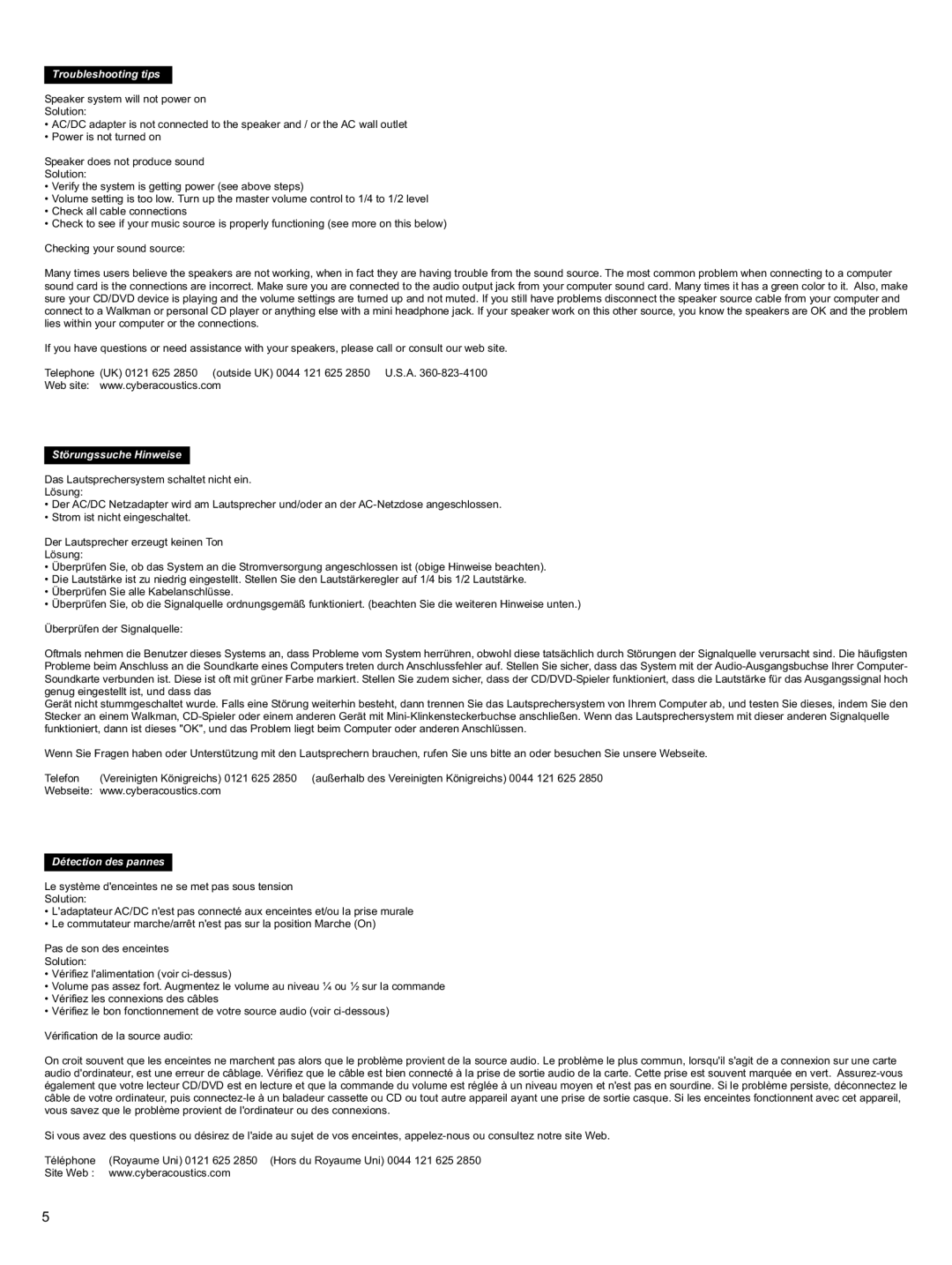 Cyber Acoustics CA-3.1 manual Troubleshooting tips 