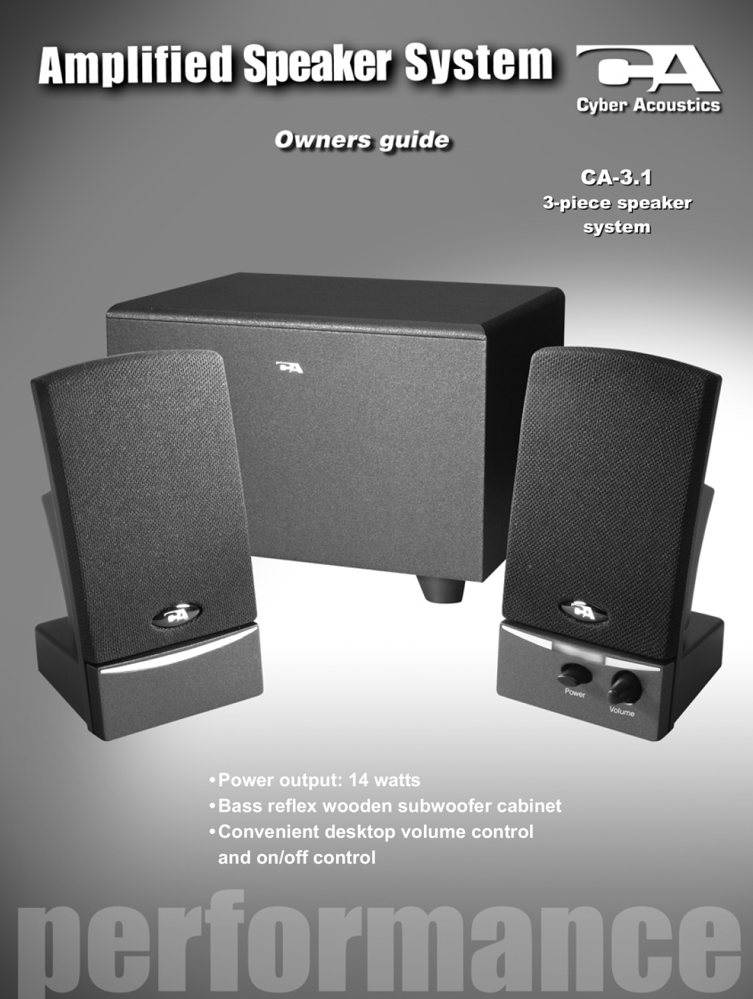 Cyber Acoustics CA-3.1 manual Power output 14 watts, piecespeaker system 
