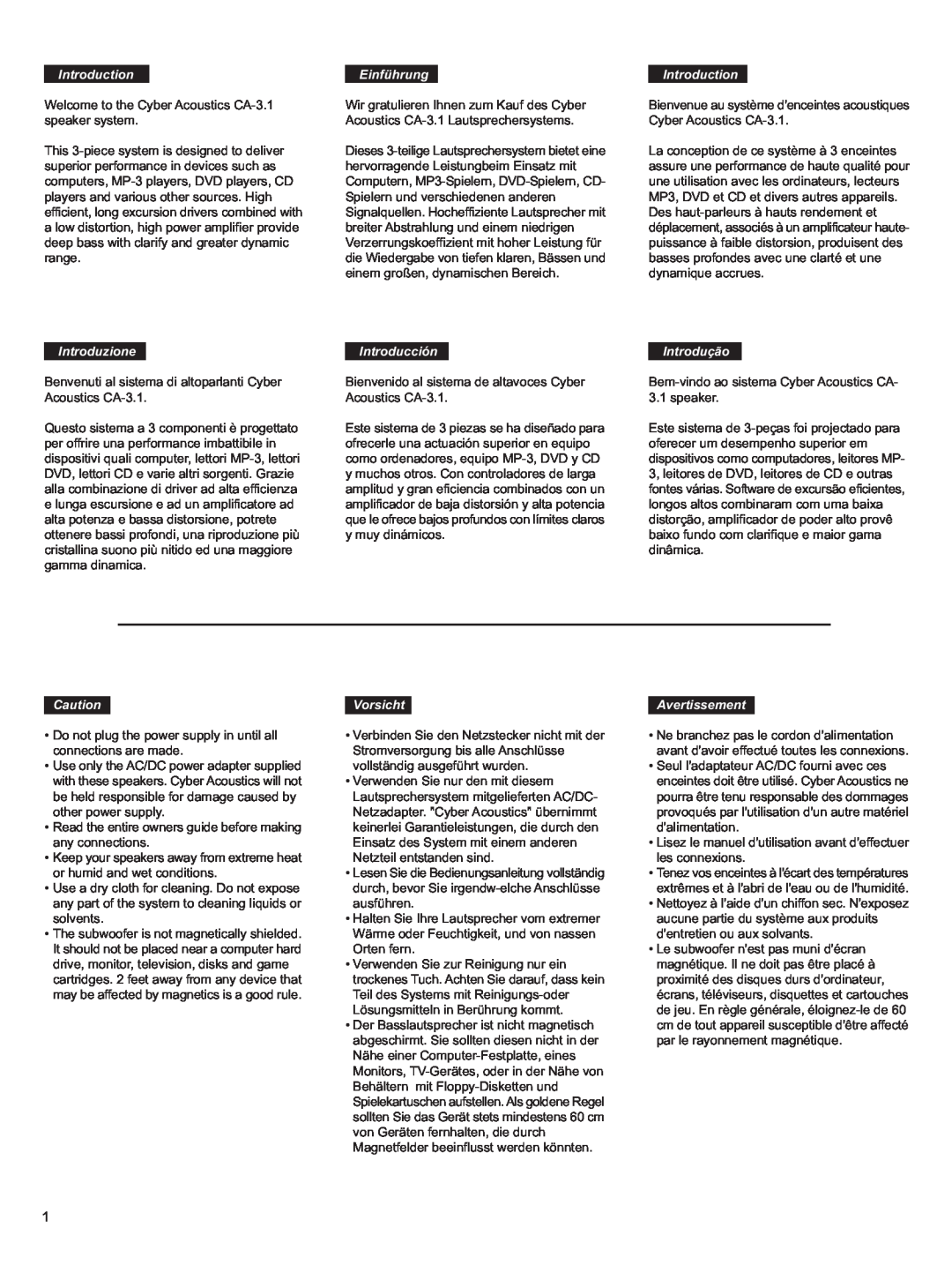 Cyber Acoustics CA-3.1 manual Introduction, Einführung, Introduzione, Introducción, Introdução, Vorsicht, Avertissement 