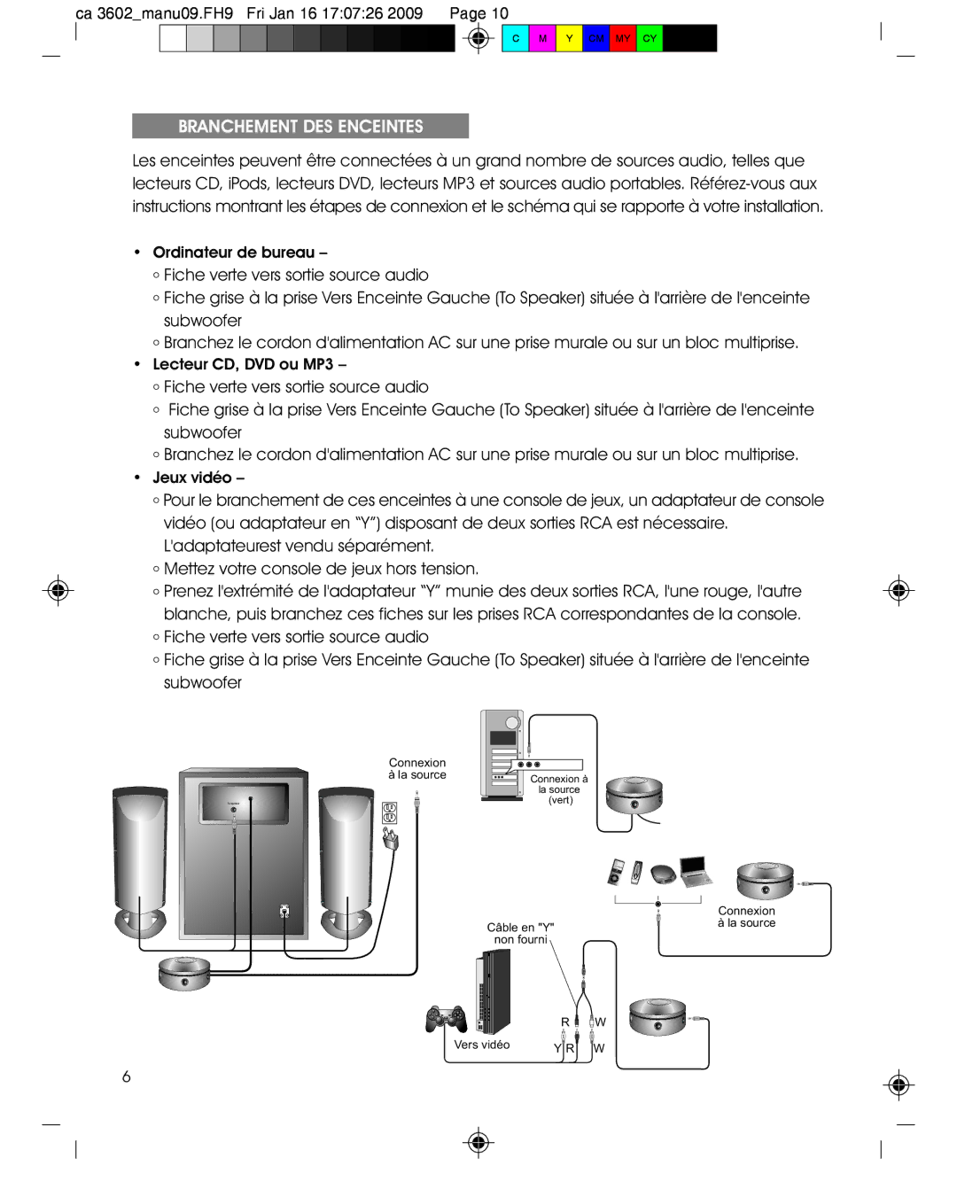 Cyber Acoustics CA-3602 manual Branchement DES Enceintes, Ordinateur de bureau 