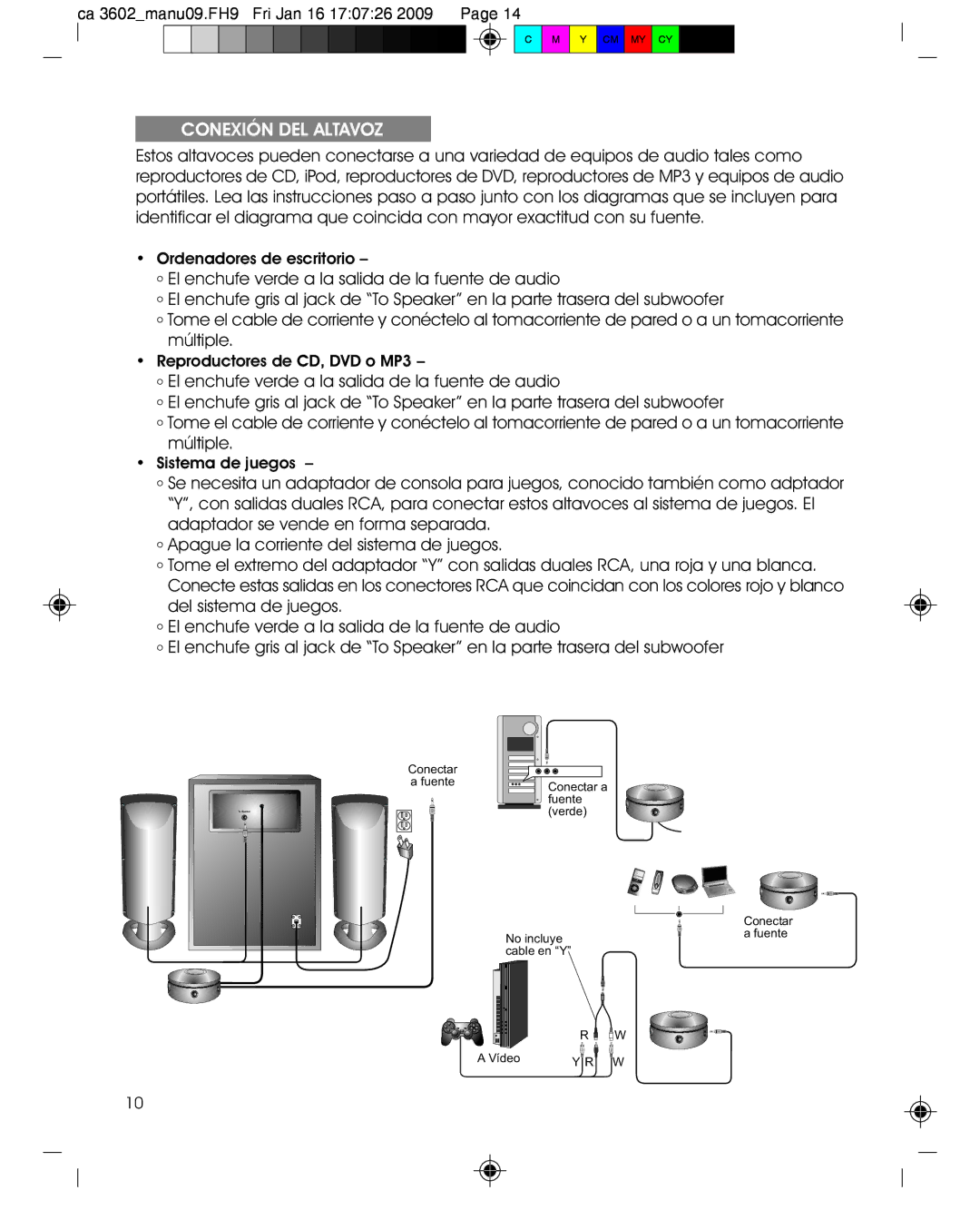 Cyber Acoustics CA-3602 manual Conexión DEL Altavoz, Ordenadores de escritorio 