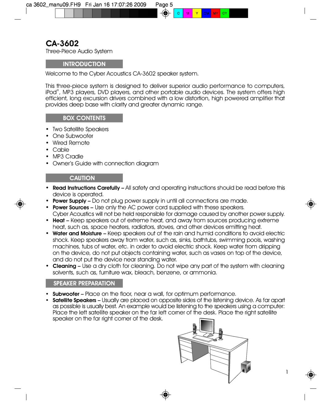 Cyber Acoustics CA-3602 manual Introduction, BOX Contents, Speaker Preparation 